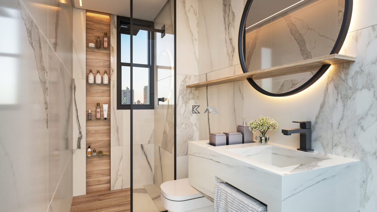 Banheiro Apartamento de 1 quarto, com 1 vaga à venda, por R$653.000,00 no Edifício Aldea, Vale do Sereno, Nova Lima