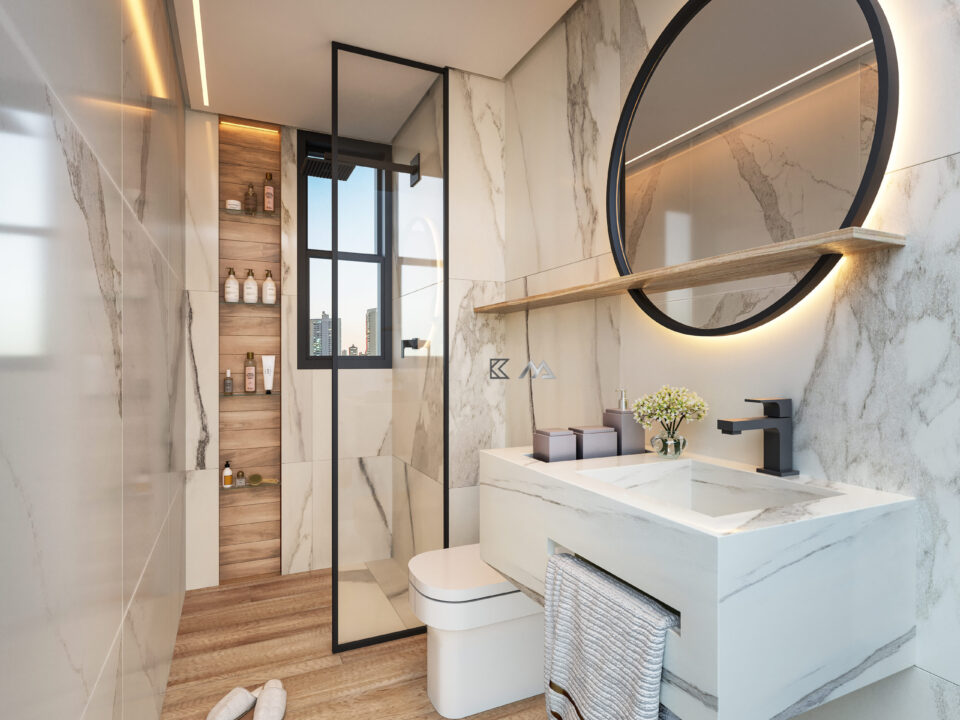 Banheiro Apartamento de 1 quarto, com 1 vaga à venda, por R$653.000,00 no Edifício Aldea, Vale do Sereno, Nova Lima