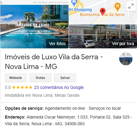 Comentários no Google Imobiliária Vila da Serra Nova Lima
