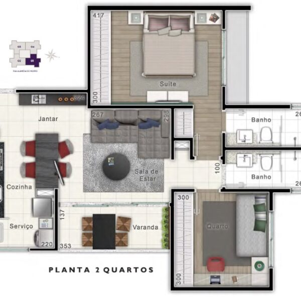 Planta Apartamento 2 Quartos Beverly Hills Vila da Serra, Alameda do Morro 72 Vila da Serra, Nova Lima - MG